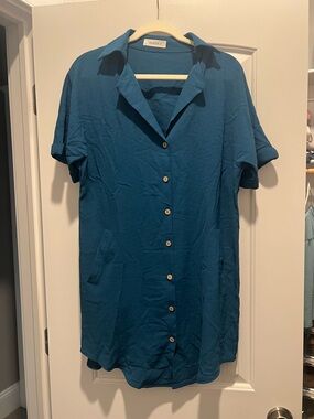 Teal Button-Front Swim Coverup with pockets